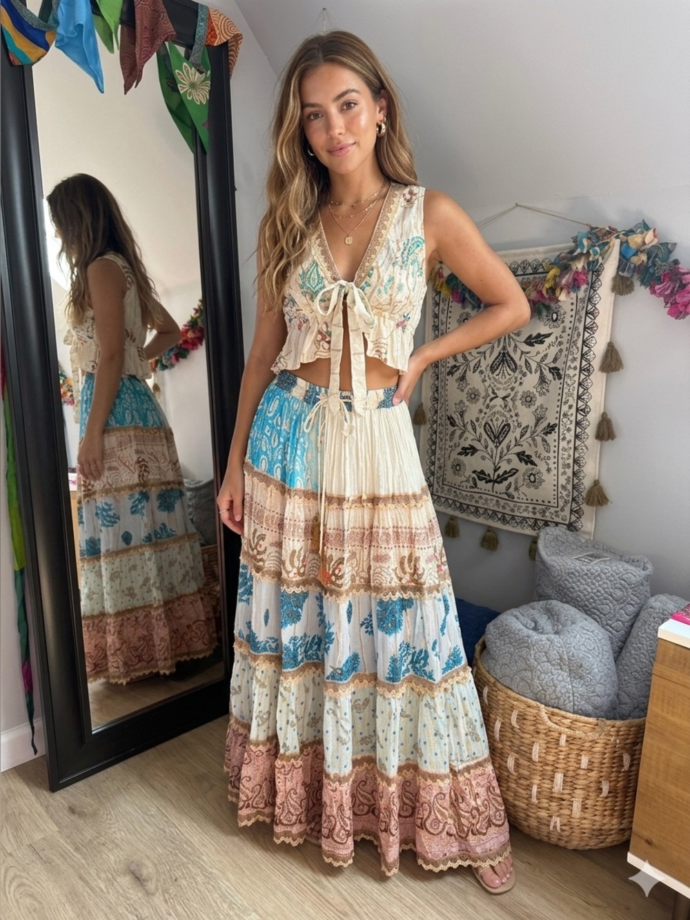 Boho Maxi Skirt and Halter Top Set in Gold and Multiple Colors